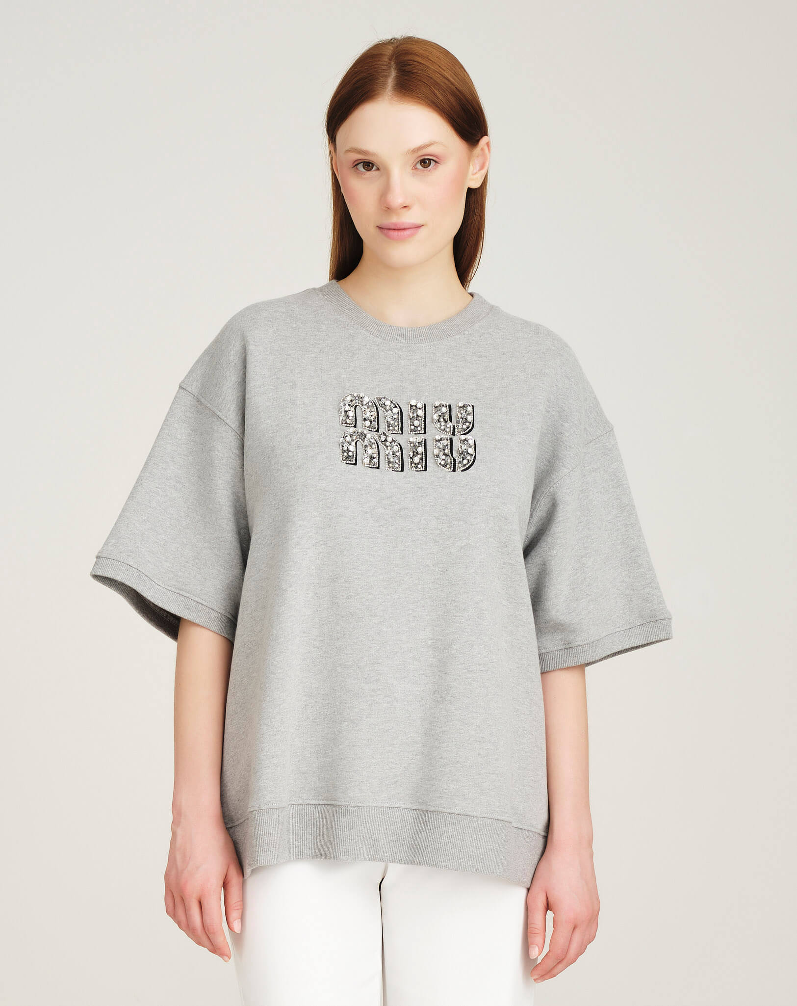 Miu Miu -Crystal Embellished Short Sleeve Cotton Fleece Sweatshirt M